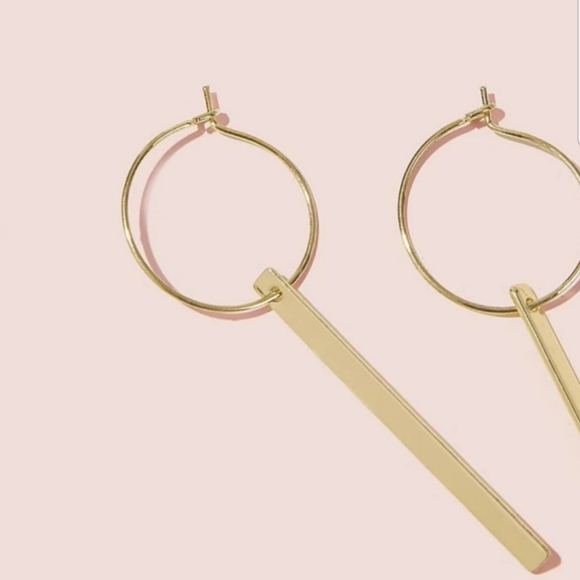 Gold Bar Minimalist Hoop Drop Dangle Earrings - Picture 4 of 4